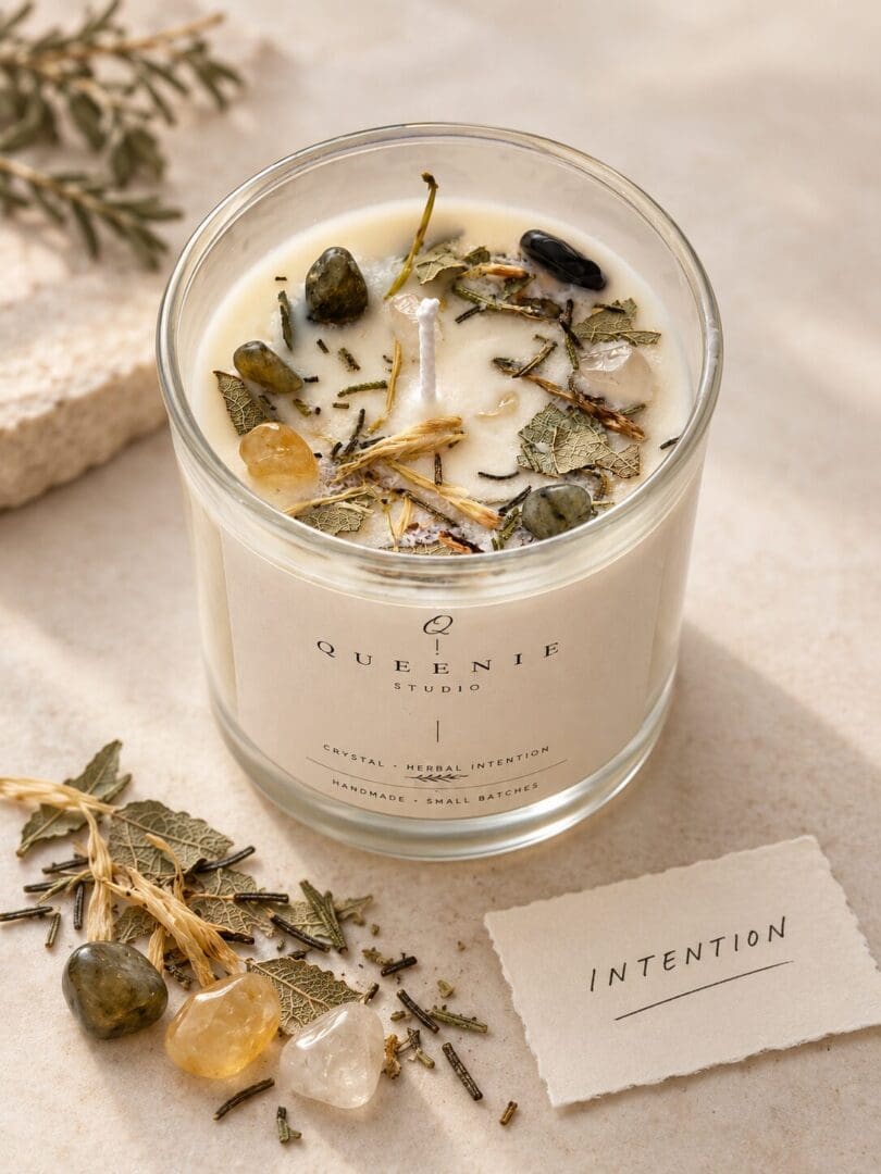 Custom ritual candle with crystals, herbs, and personalized intention
